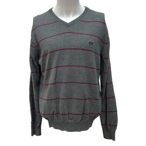 Chaps Cotton Cashmere Blend Sweater Mens Large Gray Burgundy Striped V Neck